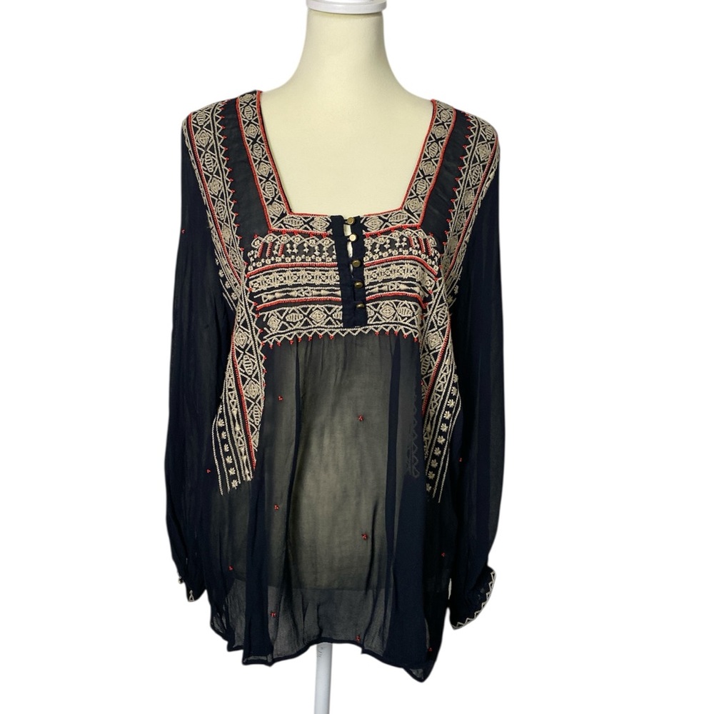 Lucky Brand Black Boho Embroidered Peasant Blouse with Cream & Red Accents